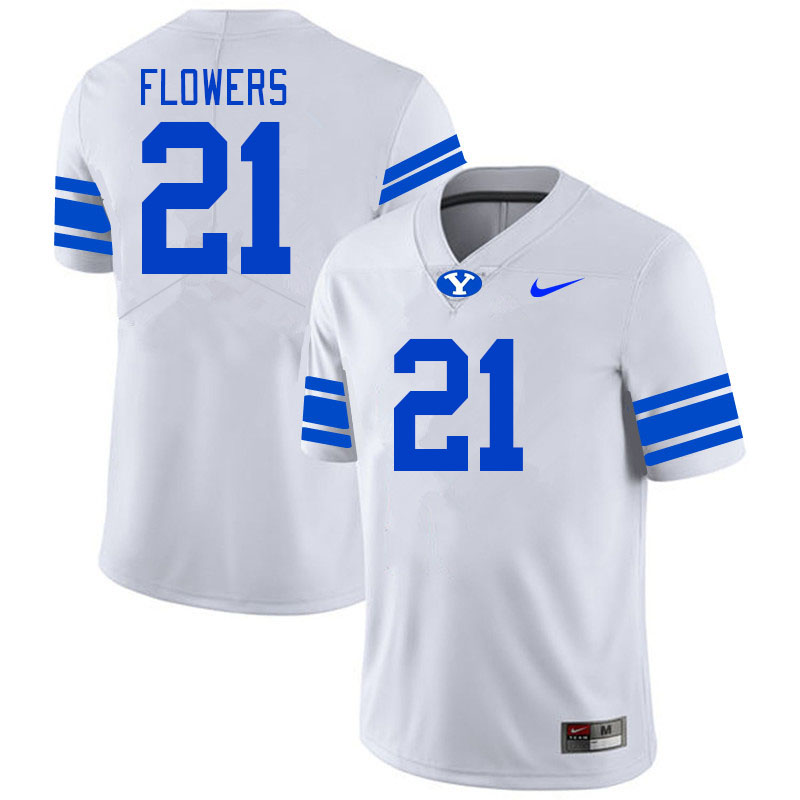 Men #21 Dylan Flowers BYU Cougars College Football Jerseys Stitched Sale-White